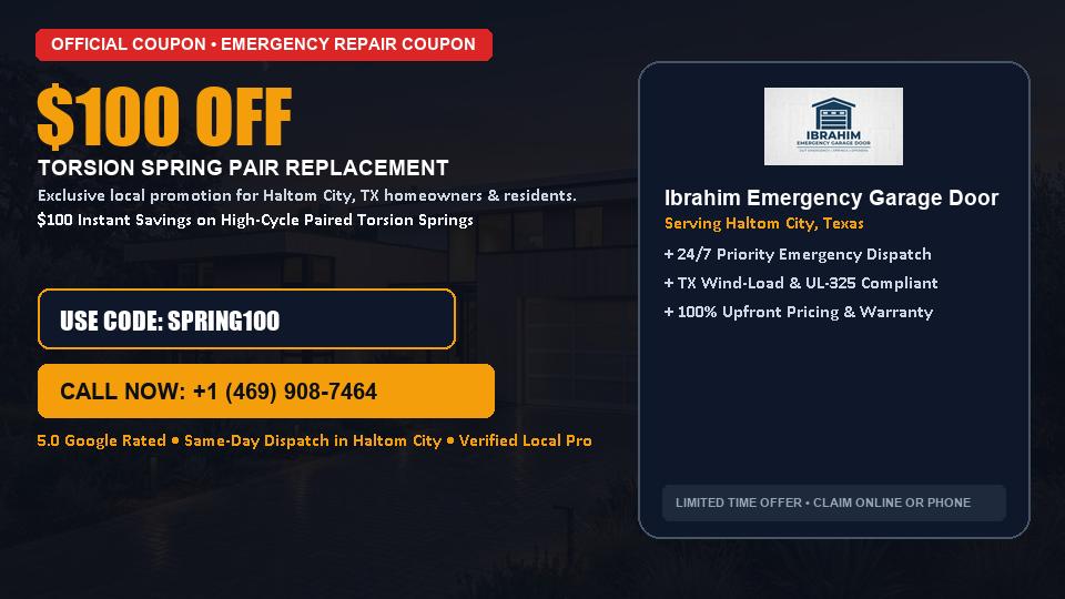 $100 OFF Dual High-Cycle Torsion Spring Replacement in Haltom City, TX - Ibrahim Emergency Garage Door